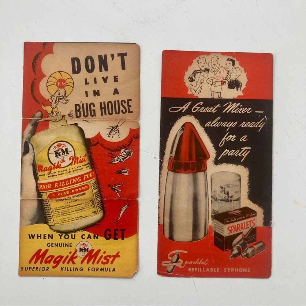 TWO 1940s Vintage Ads SPARKLETS Seltzer MAGIK MIST Repellant Knapp Monarch Color